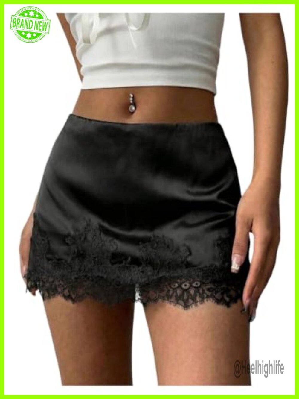 Satin Lace Mini Skirt Low Waist Asymmetrical Hem Night Out